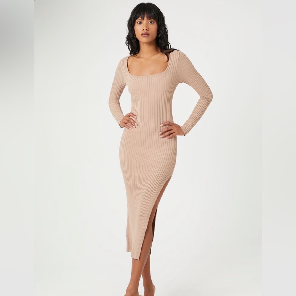 Thigh-Slit Midi Sweater Dress- in Taupe - Size Small- Brand New W Tags